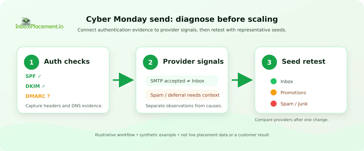 Illustrative Cyber Monday deliverability workflow showing authentication checks, provider signals, and representative seed retesting.