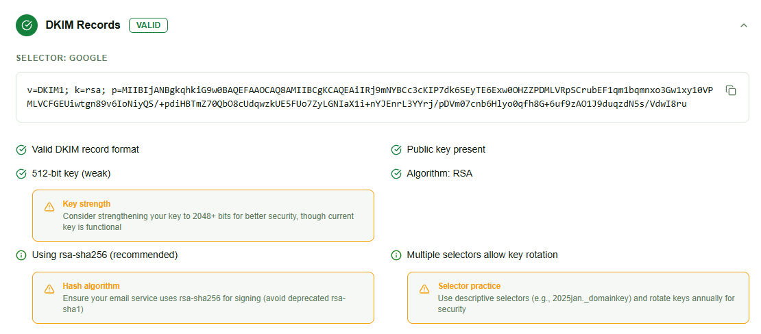 InboxPlacement.io DKIM tester showing a valid Google selector, a weak 512-bit RSA key, rsa-sha256, and selector rotation guidance