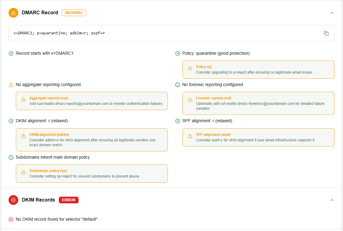 InboxPlacement.io DMARC checker showing detailed warnings for aggregate reporting, forensic reporting, relaxed alignment, subdomain policy, and a missing DKIM selector