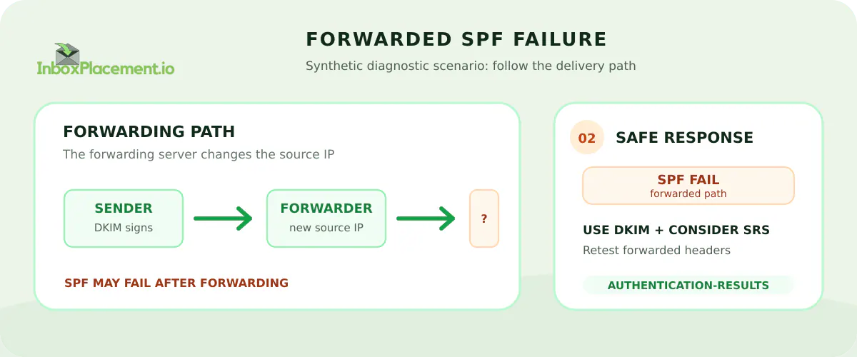 Illustrative Gmail scenario showing a forwarded-message SPF failure, DKIM protection, and a retest path.