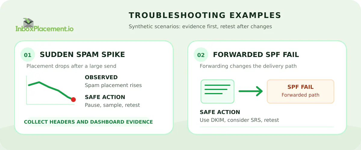 Illustrative Gmail deliverability troubleshooting examples showing a sudden Spam placement spike and forwarded-message SPF failure with evidence and retest actions.