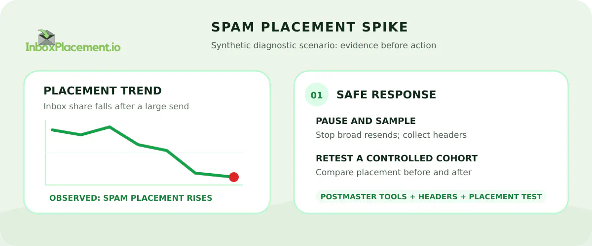 Illustrative Gmail scenario showing a sudden Spam placement spike, evidence collection, and a controlled retest.