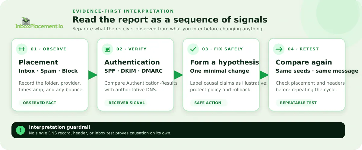 Illustrative inbox placement interpretation workflow showing observed placement, authentication verification, a minimal safe fix, and a repeatable retest.