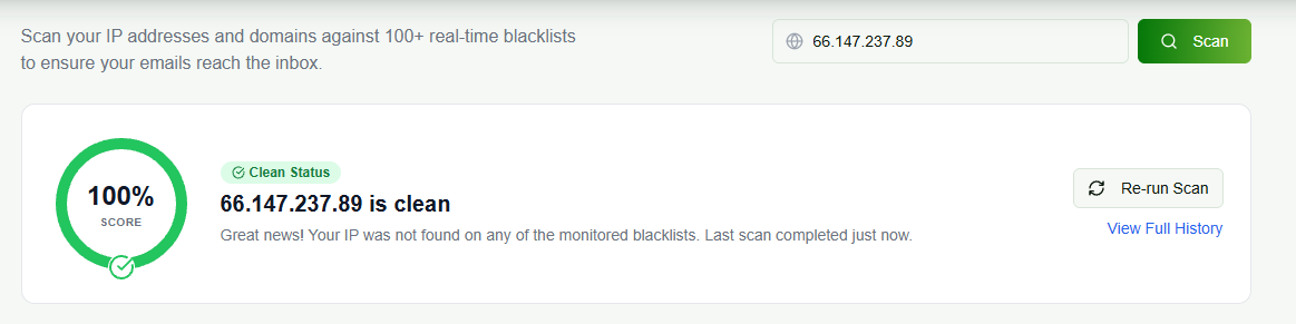 InboxPlacement.io blacklist monitoring result for a sample IP showing a 100% clean status and scan controls
