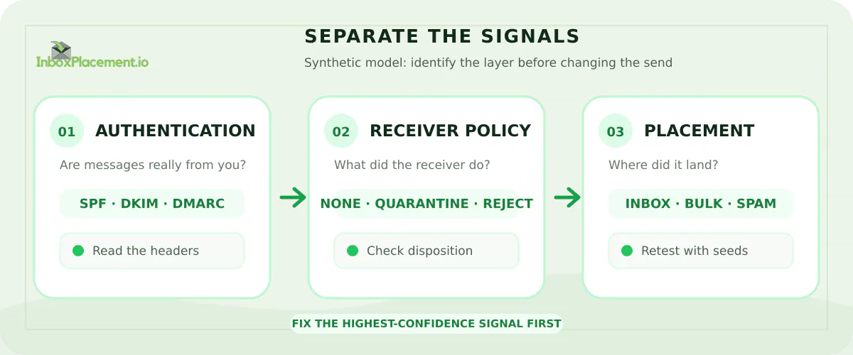 Conceptual troubleshooting flow separating authentication, receiver policy and disposition, and inbox placement.